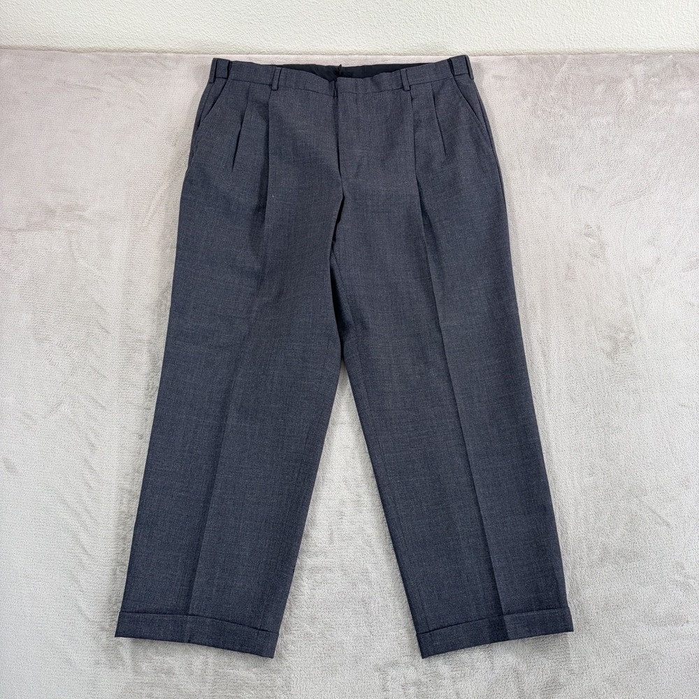 Vintage Lands End Pleated‎ Cuffed Pants Trousers Men 38x28 Grey Wool 90s 80s